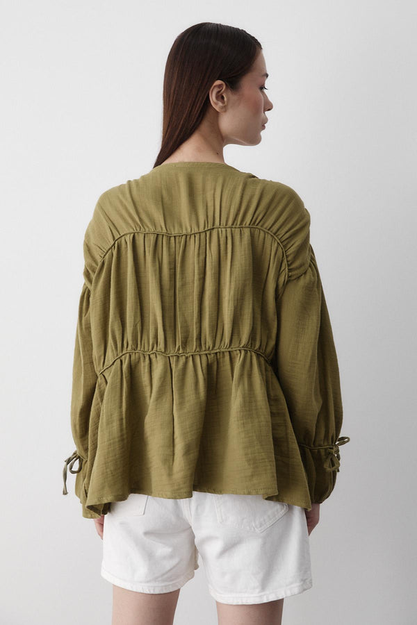 Haki %100 Pamuk Kolu Lastikli Müslin Gömlek