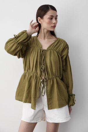 Haki %100 Pamuk Kolu Lastikli Müslin Gömlek