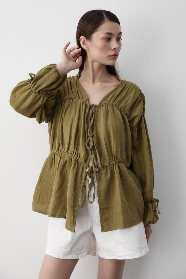 Haki %100 Pamuk Kolu Lastikli Müslin Gömlek