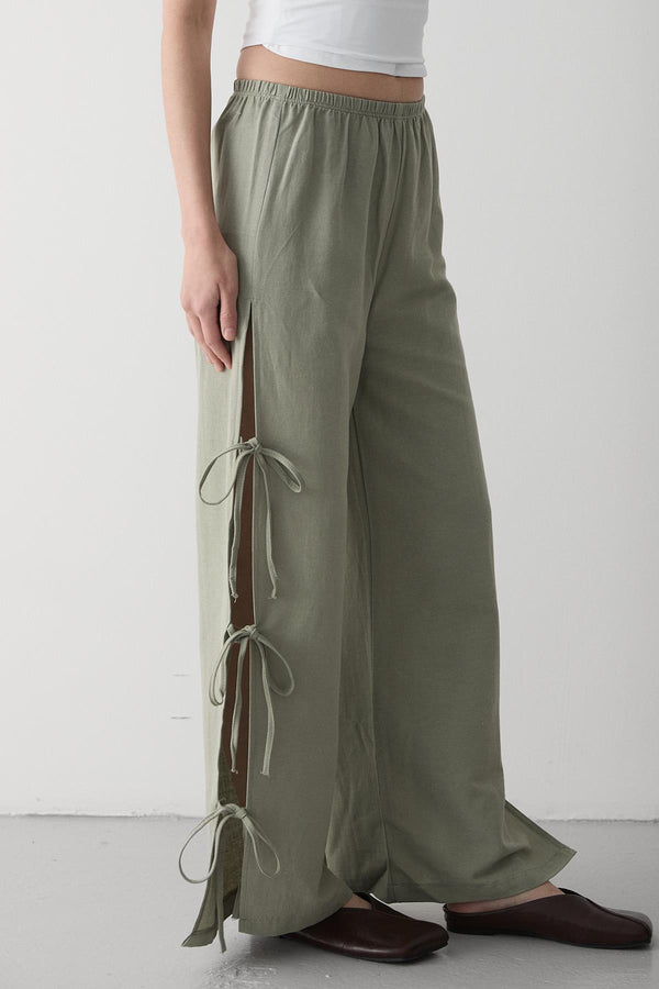 Haki %100 Pamuk Yan Yırtmaç Ve Bağlama Detaylı Pantolon
