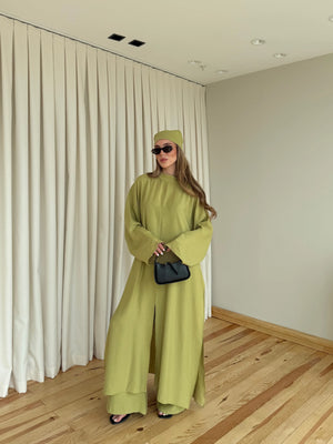 Yağ Yeşili Bandana/Bel Kemer Aksesuarlı Kimono Takım - 8832