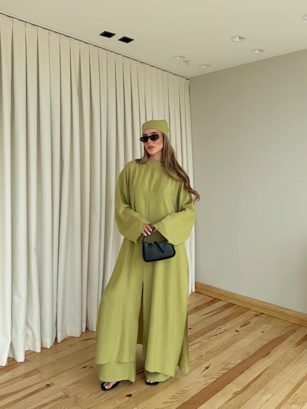Yağ Yeşili Bandana/Bel Kemer Aksesuarlı Kimono Takım - 8832