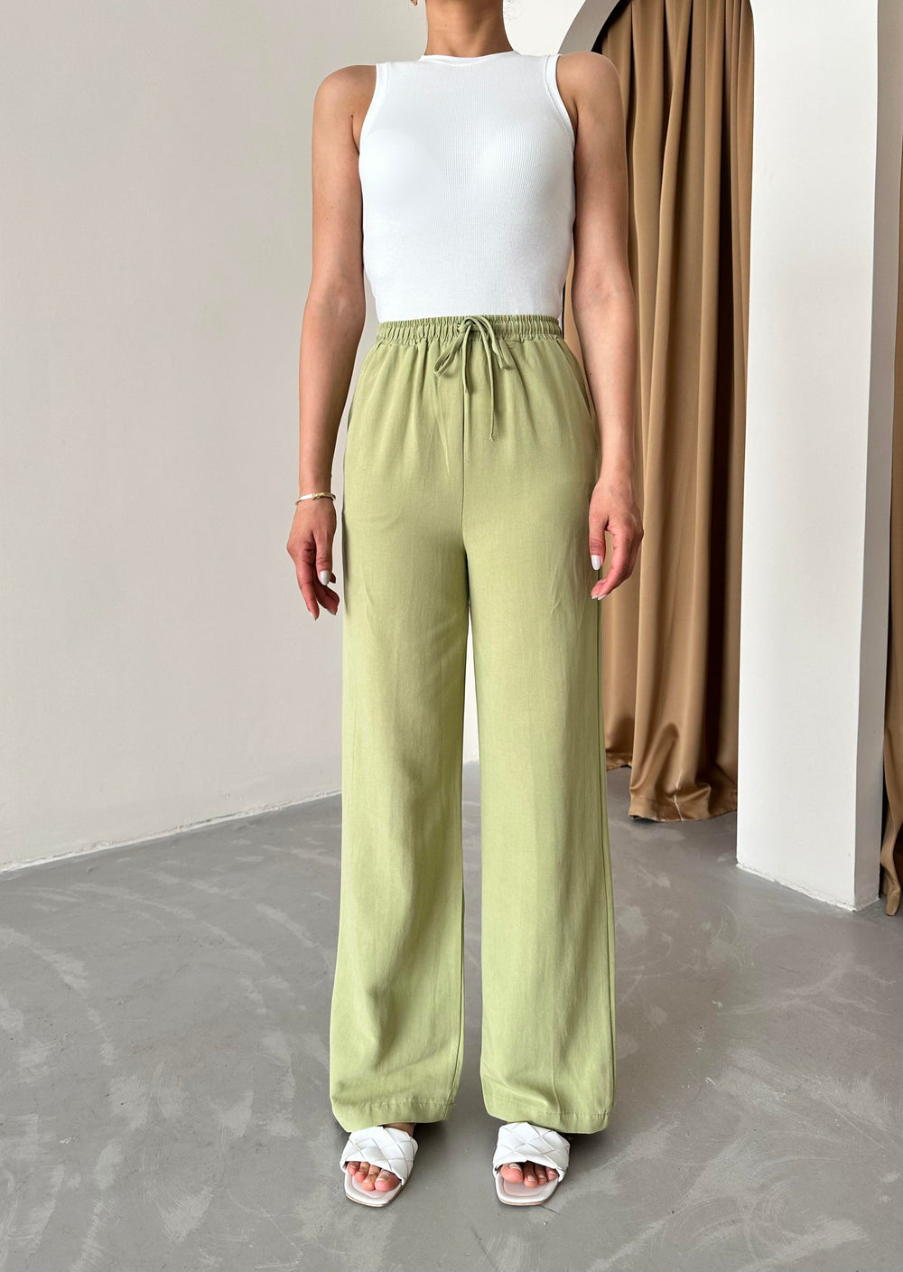 Haki Beli Lastikli Pamuklu Keten Pantolon