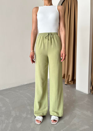 Haki Beli Lastikli Pamuklu Keten Pantolon