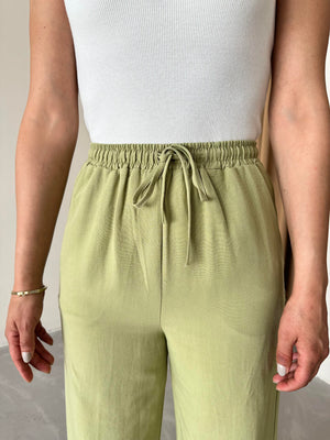 Haki Beli Lastikli Pamuklu Keten Pantolon