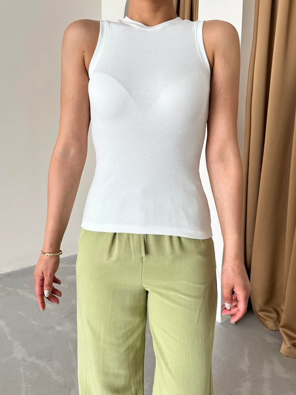 Haki Beli Lastikli Pamuklu Keten Pantolon