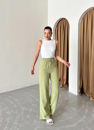 Haki Beli Lastikli Pamuklu Keten Pantolon