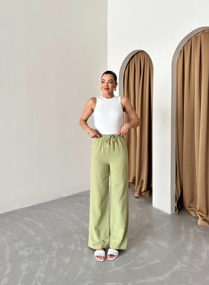 Haki Beli Lastikli Pamuklu Keten Pantolon