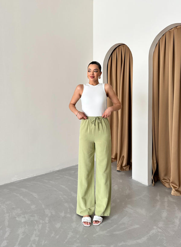 Haki Beli Lastikli Pamuklu Keten Pantolon