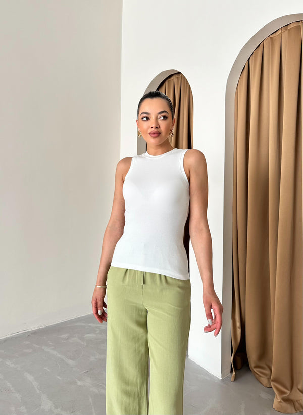 Haki Beli Lastikli Pamuklu Keten Pantolon