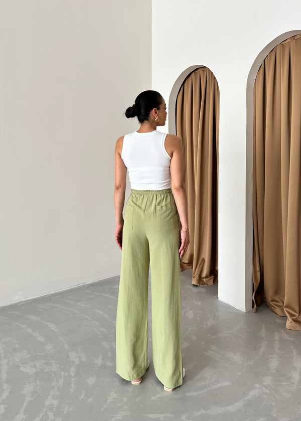 Haki Beli Lastikli Pamuklu Keten Pantolon