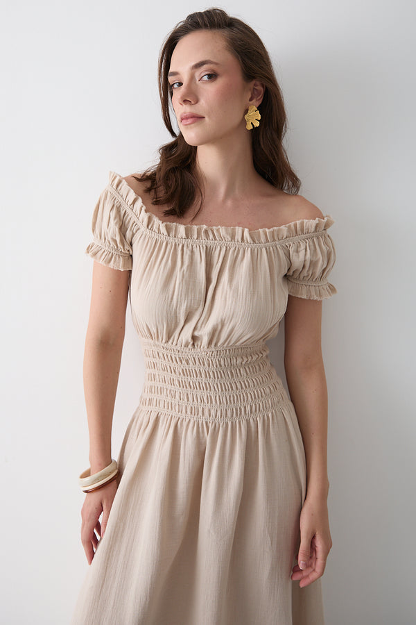 Natural Büzgülü Elbise - 2002