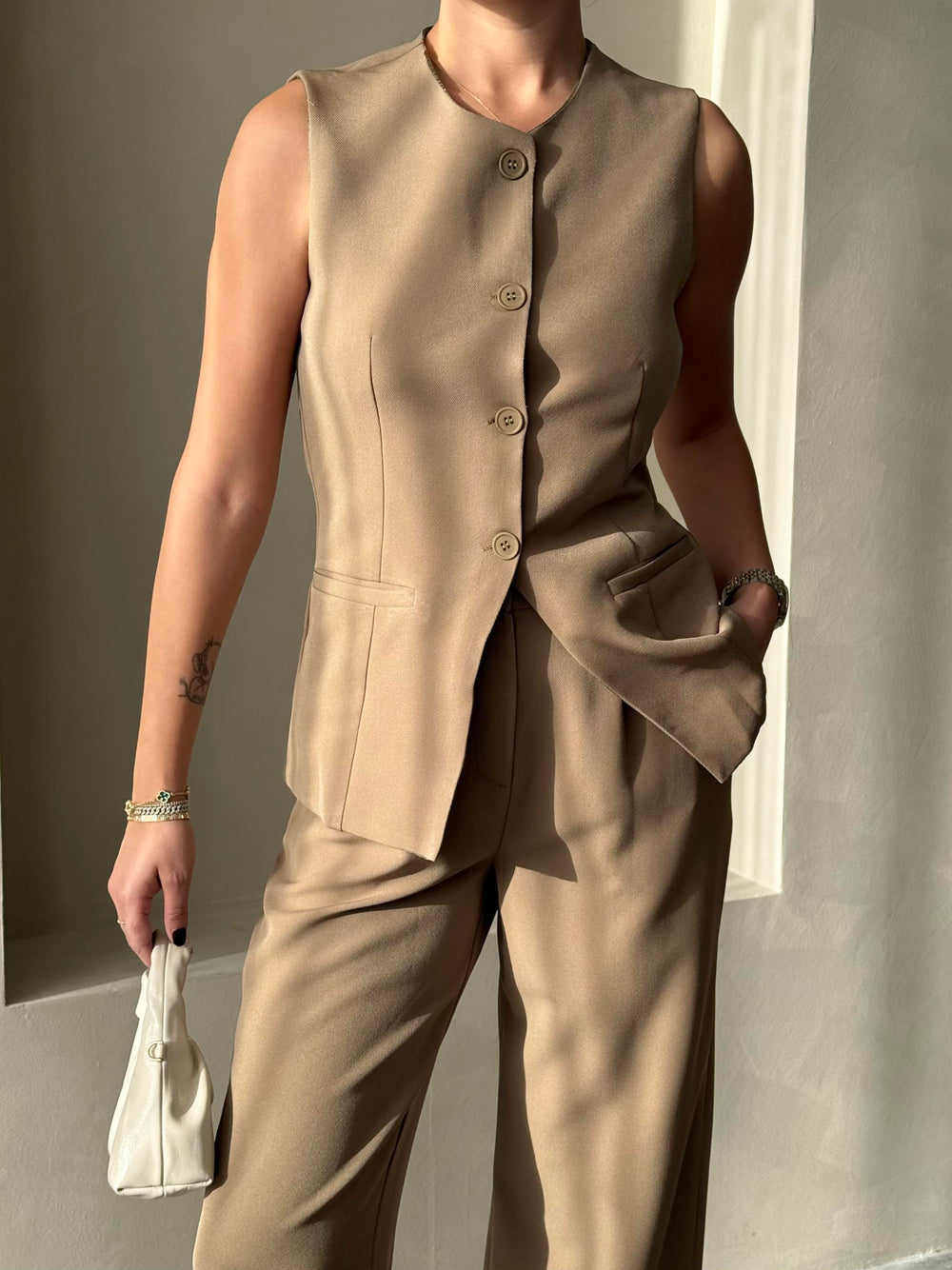 Haki Camille Klasik Düğmeli Yelek Pantolon Takım