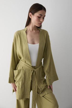 Haki Cep Detaylı Kuşaklı Kimono Takım