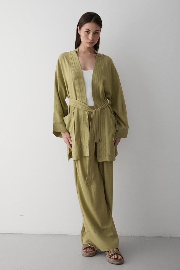 Haki Cep Detaylı Kuşaklı Kimono Takım