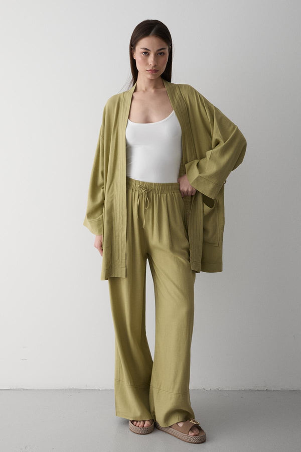 Haki Cep Detaylı Kuşaklı Kimono Takım