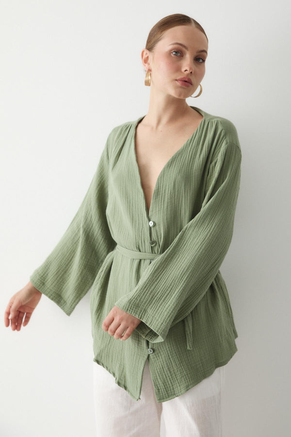 Haki Çok Düğmeli Kimono