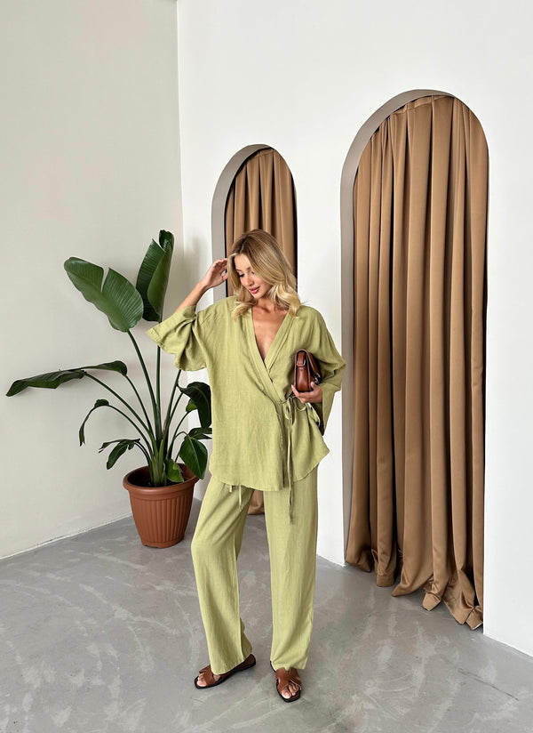 Haki Detaylı Yan Bağlamalı Keten Kumaş Kimono Takım