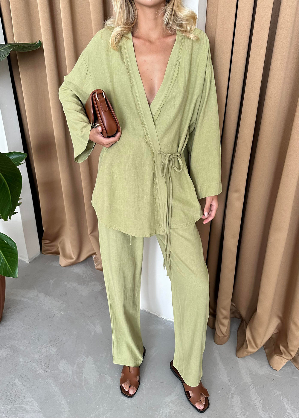 Haki Detaylı Yan Bağlamalı Keten Kumaş Kimono Takım