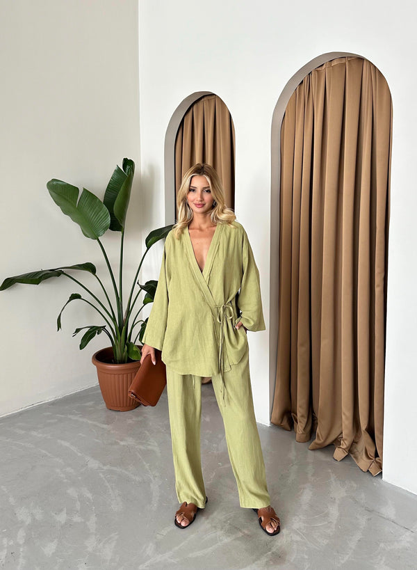Haki Detaylı Yan Bağlamalı Keten Kumaş Kimono Takım