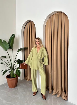 Haki Detaylı Yan Bağlamalı Keten Kumaş Kimono Takım