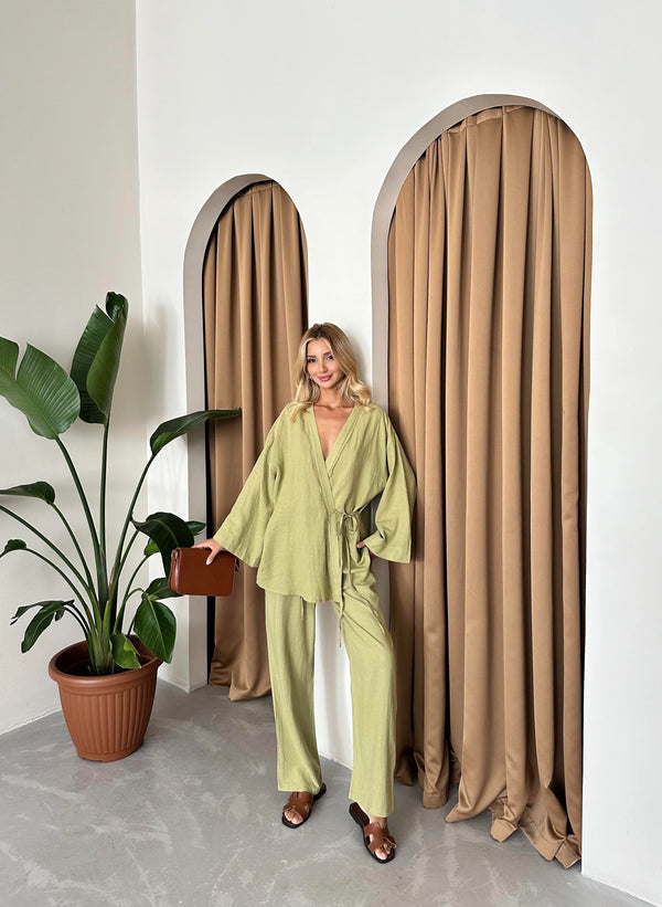 Haki Detaylı Yan Bağlamalı Keten Kumaş Kimono Takım