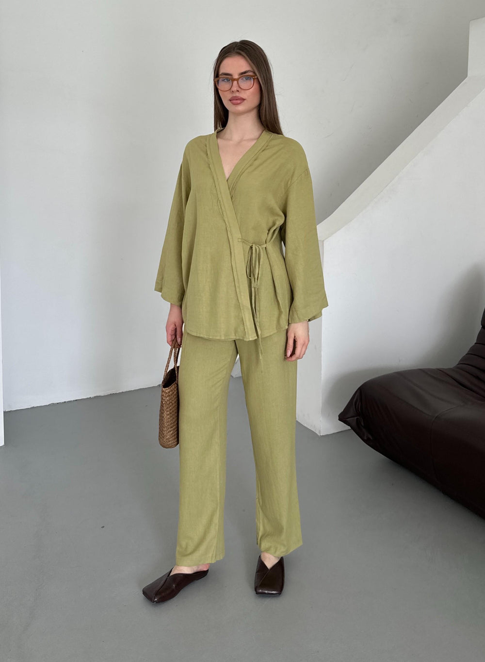 Haki Detaylı Yan Bağlamalı Keten Kumaş Kimono Takım