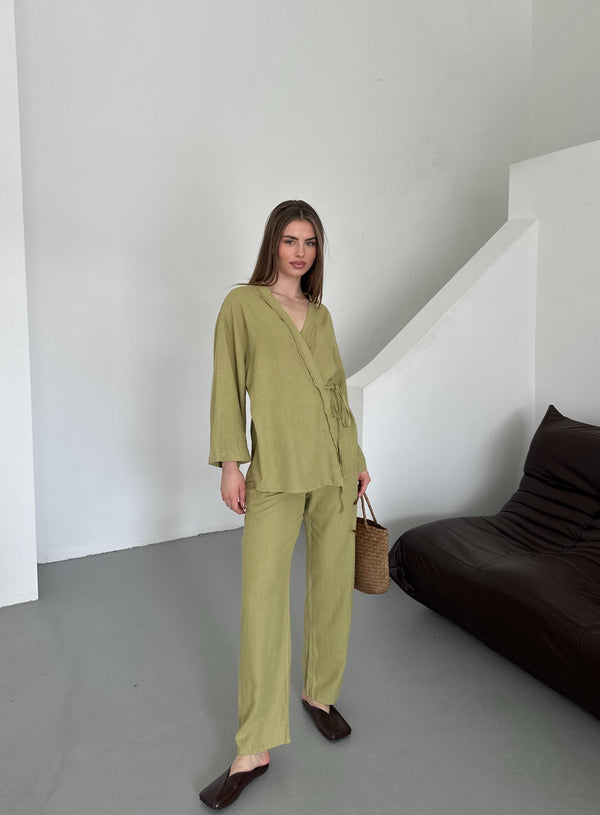 Haki Detaylı Yan Bağlamalı Keten Kumaş Kimono Takım