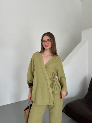 Haki Detaylı Yan Bağlamalı Keten Kumaş Kimono Takım