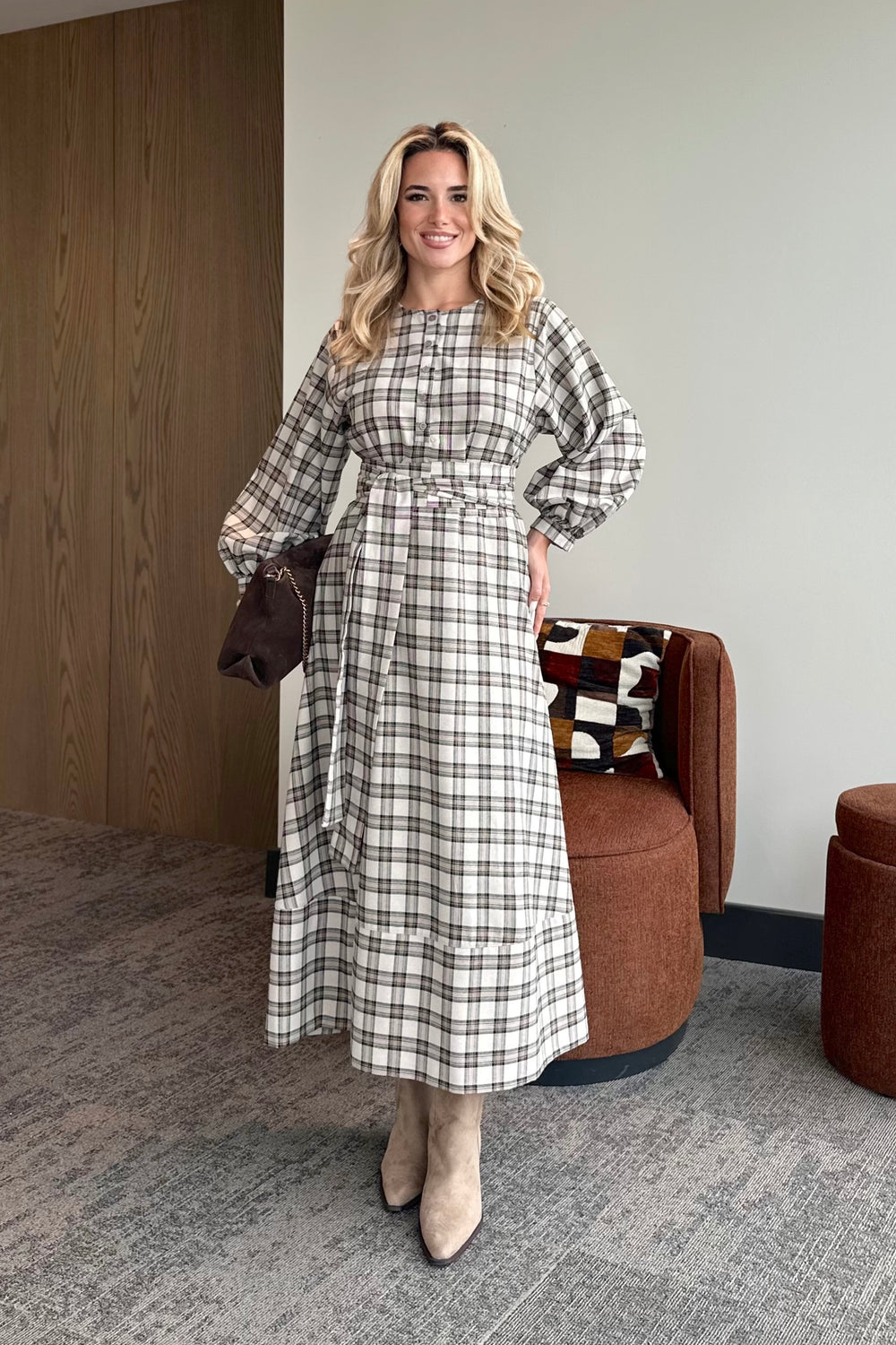 Taş Ekoseli Kuşaklı Uzun Elbise - 1235