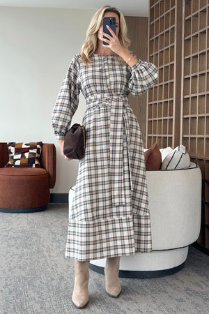 Taş Ekoseli Kuşaklı Uzun Elbise - 1235