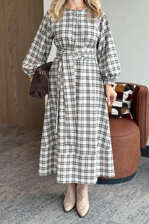 Taş Ekoseli Kuşaklı Uzun Elbise - 1235