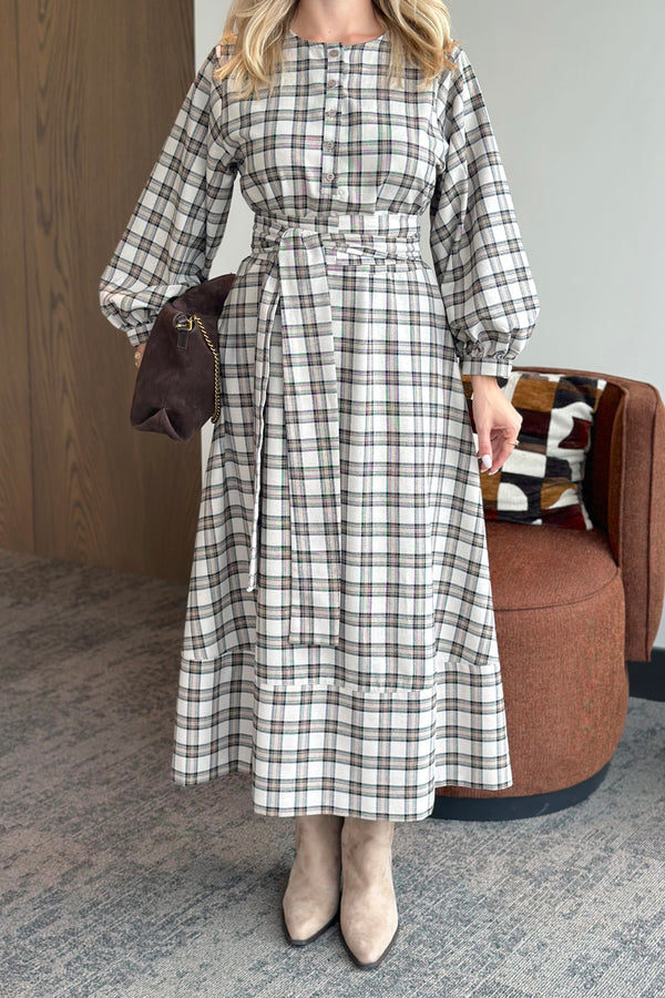 Taş Ekoseli Kuşaklı Uzun Elbise - 1235