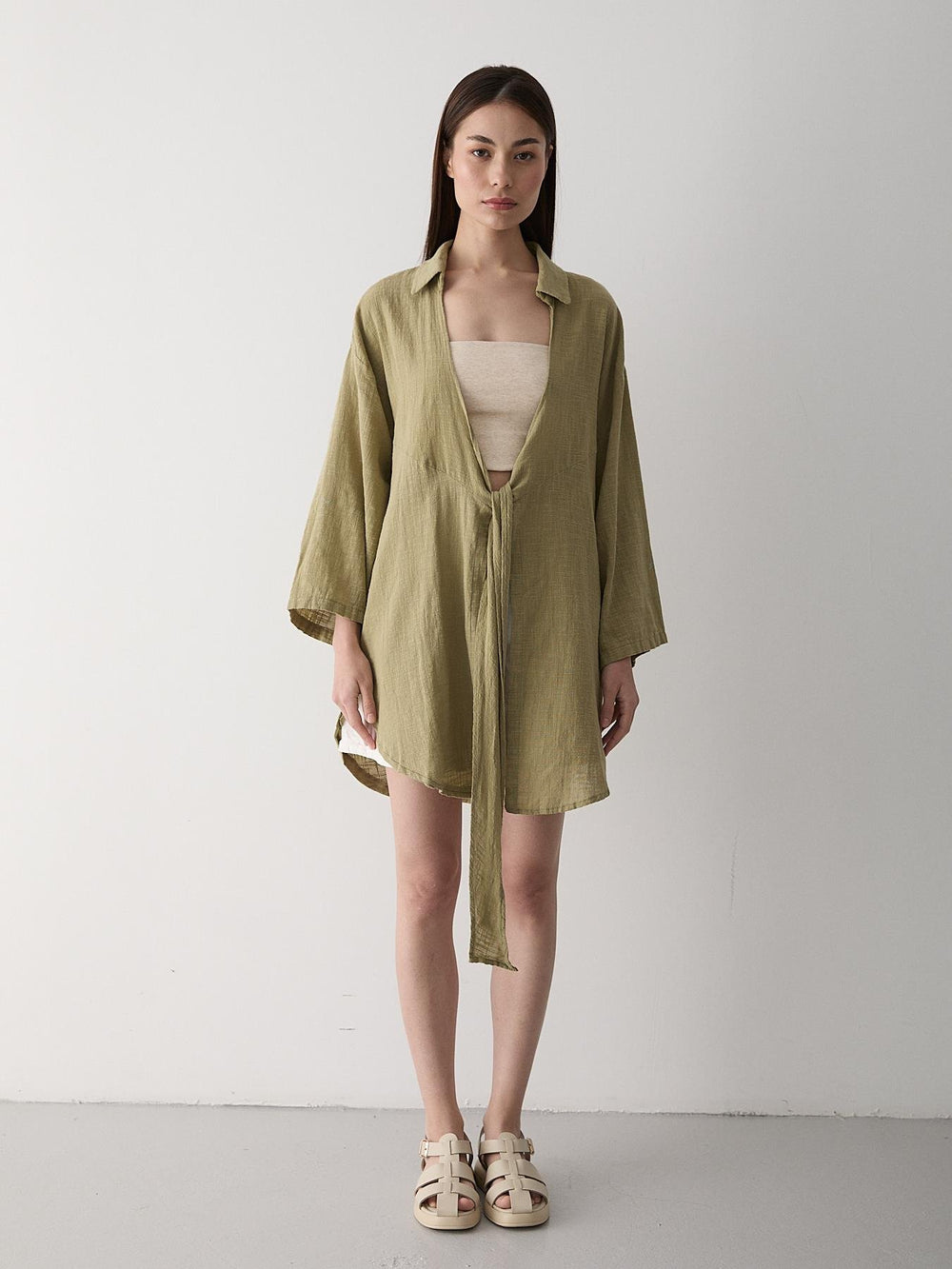 Haki Flam Keten Kimono Gömlek