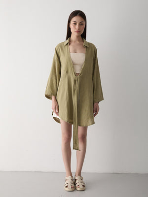 Haki Flam Keten Kimono Gömlek