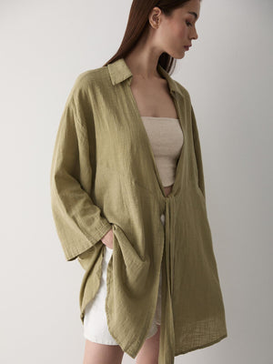 Haki Flam Keten Kimono Gömlek