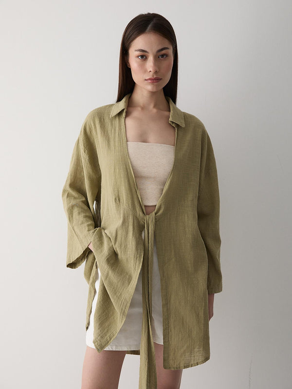 Haki Flam Keten Kimono Gömlek