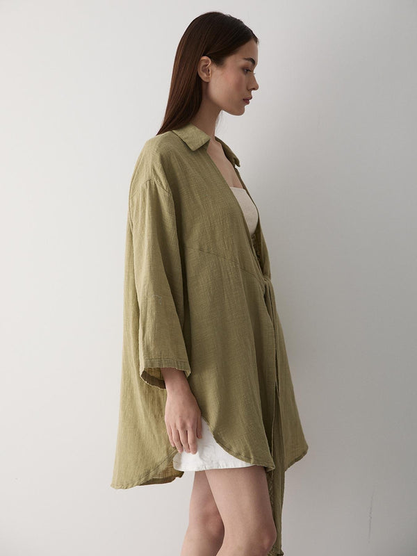 Haki Flam Keten Kimono Gömlek