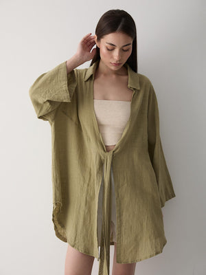 Haki Flam Keten Kimono Gömlek