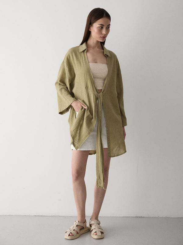 Haki Flam Keten Kimono Gömlek