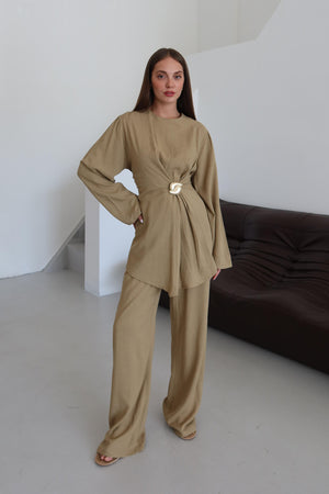 Haki Gold Broşlu Bluz Pantolon Takım