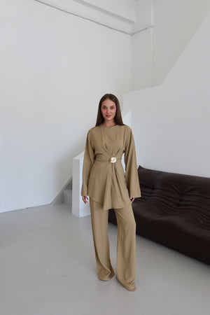 Haki Gold Broşlu Bluz Pantolon Takım