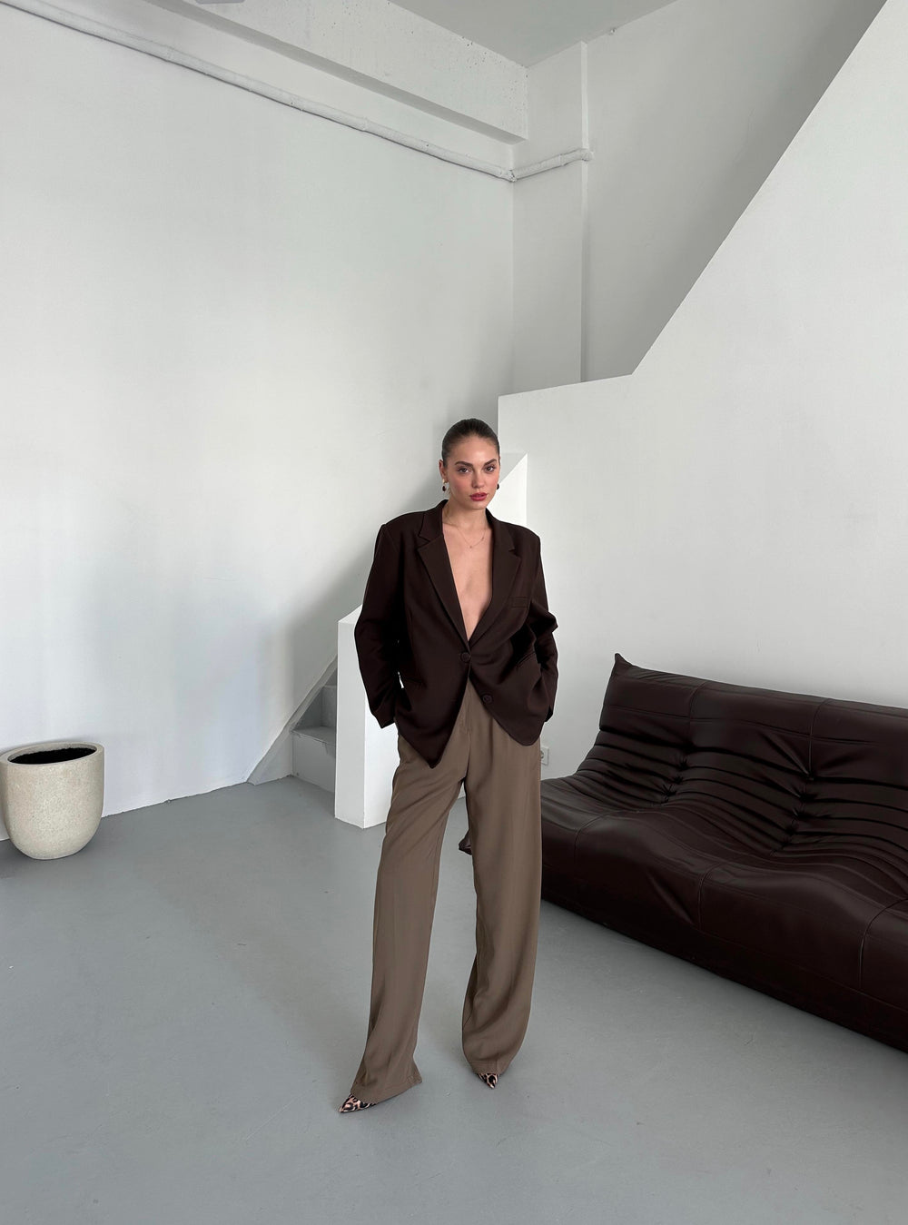 Haki Gold Düğmeli Beli Lastikli Palazzo Pantolon