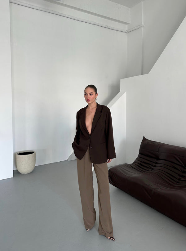 Haki Gold Düğmeli Beli Lastikli Palazzo Pantolon