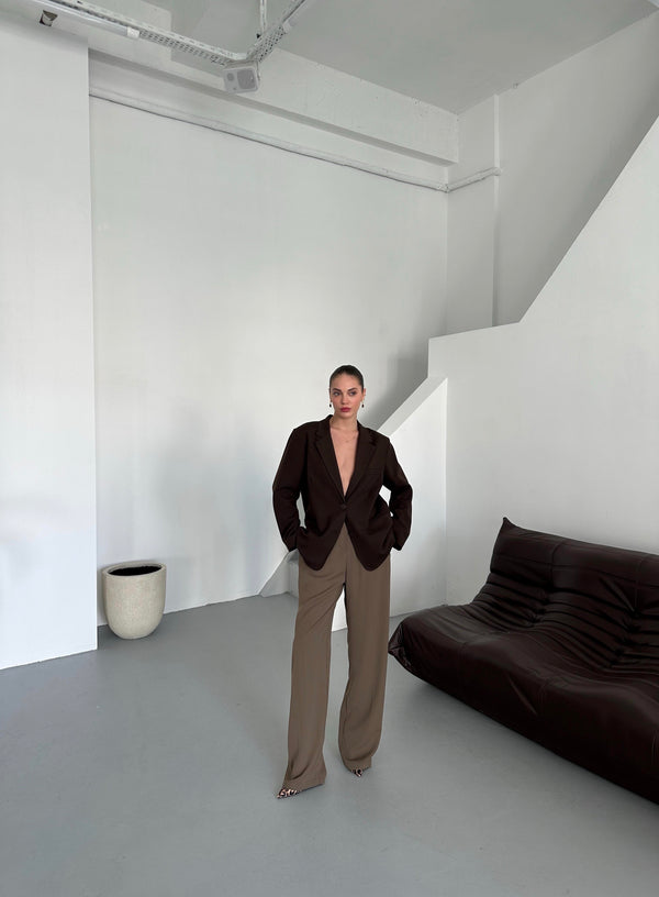 Haki Gold Düğmeli Beli Lastikli Palazzo Pantolon