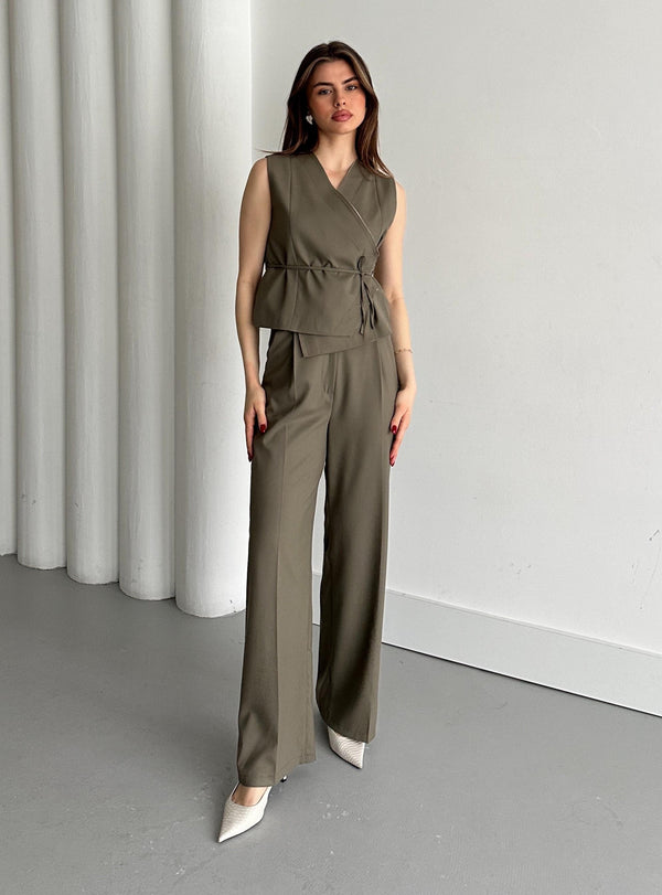 Haki Kruvaze Yaka Yelek Pantolon Takım