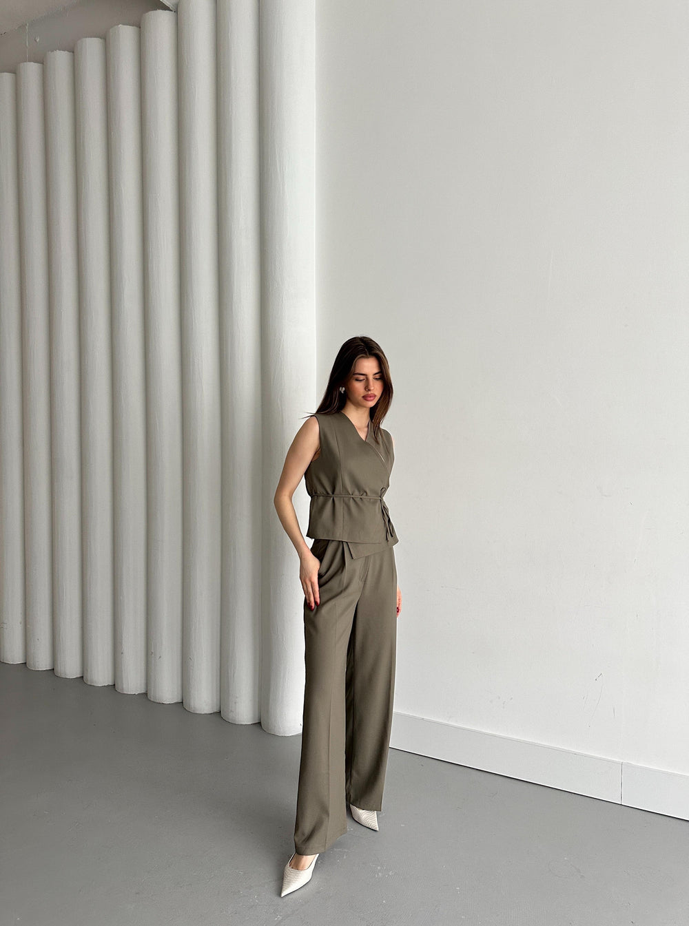 Haki Kruvaze Yaka Yelek Pantolon Takım