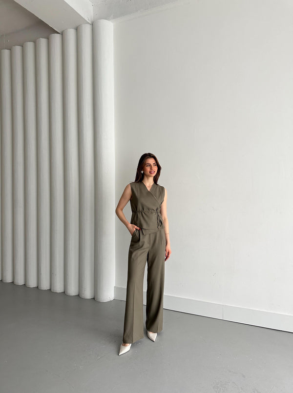 Haki Kruvaze Yaka Yelek Pantolon Takım