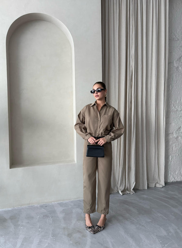 Haki Merlin Kemerli Gömlek Pantolon Takım