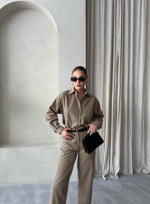 Haki Merlin Kemerli Gömlek Pantolon Takım